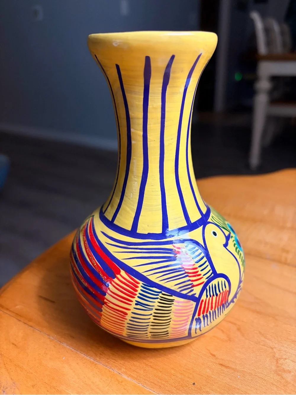 Hand-Painted Mexican Terracotta Vase with Birds and Floral Motif
